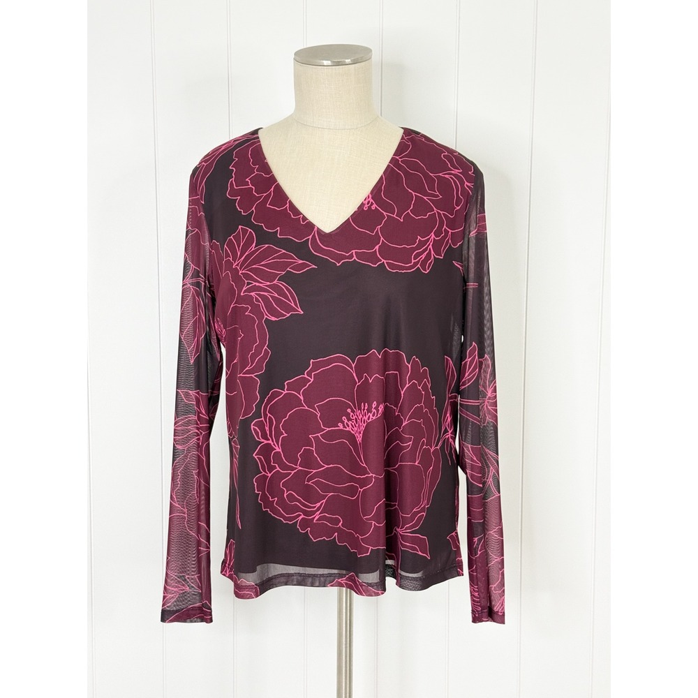 Les Serein Floral Mesh Top NWT Womens Medium Burgundy Pink Long‎ Sleeve Blouse